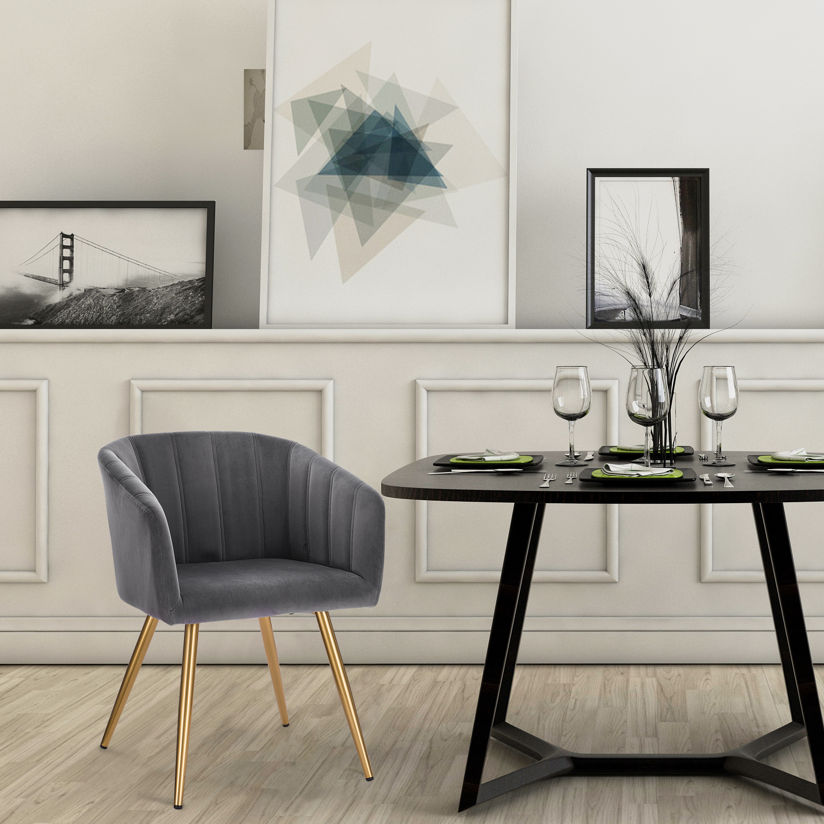 1xEsszimmerstuhl Stuhl Wohnzimmerstuhl Armlehne Samt Goldene Dunkelgrau