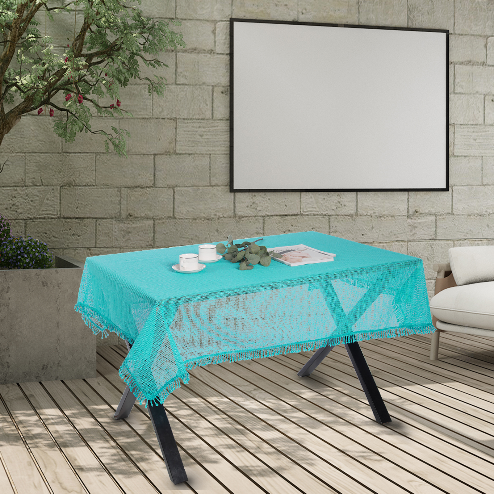 Gartentischdecke Weichschaum mit Fransen Wetterfest Eckig Türkis